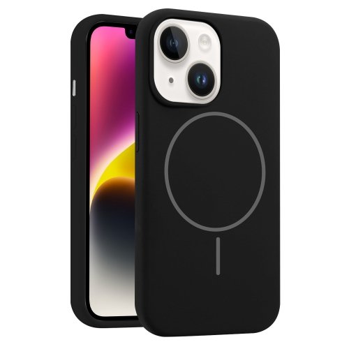Жидкий силиконовый чехол MagSafe для iPhone 14 в черном, белом, розовом и фиолетовом цветах