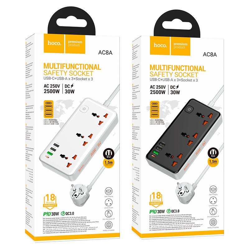 Hoco AC8A Storm настольный удлинитель с USB PD30W чёрно-белый