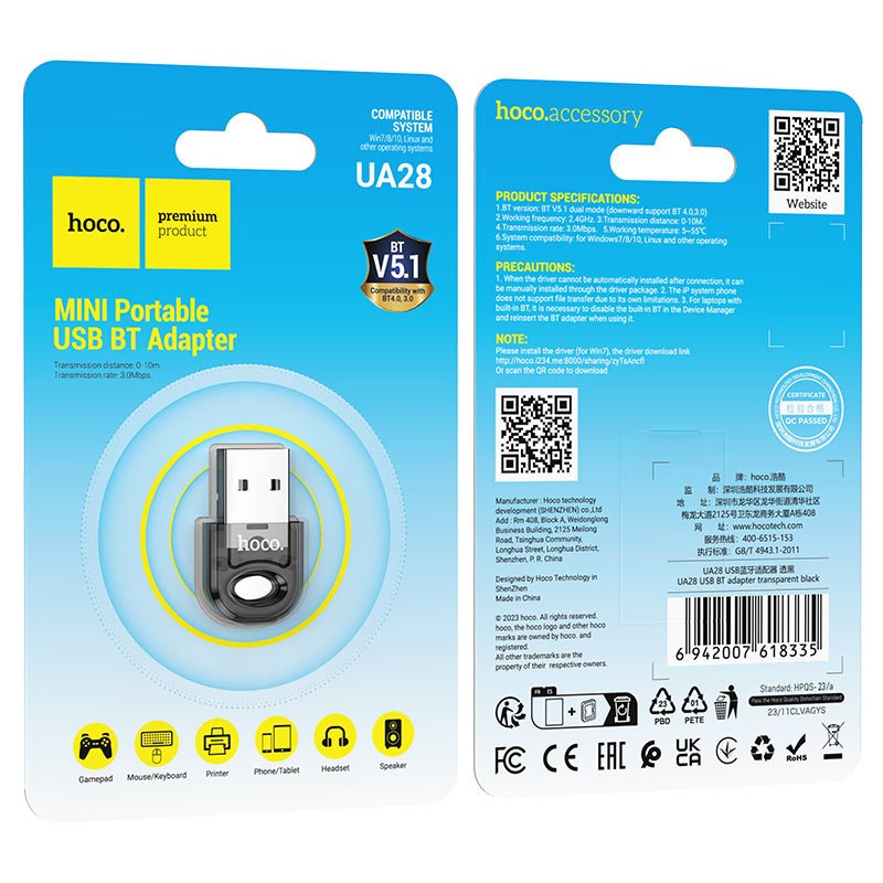 USB Bluetooth адаптер Hoco UA28 прозрачный черный