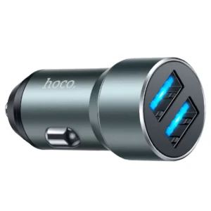Чёрная автомобильная зарядка Hoco DZ17 12W с двумя портами USB-A и LED-подсветкой