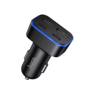 Чёрная автомобильная зарядка Hoco Z63 Barry с четырьмя портами USB-C и USB-A и синей LED-подсветкой