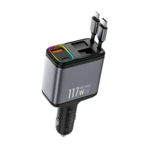 Автомобильная зарядка WiWU Exeed Wi-QC027 117W тёмно-серого цвета с USB-A, USB-C и встроенными кабелями