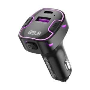 Чёрный FM-трансмиттер XO BCC12 Bluetooth 5.3 с USB-A, USB-C, FM-дисплеем и атмосферной подсветкой