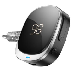 Чёрный Bluetooth AUX адаптер Hoco E80 Travel с Bluetooth 5.3, съёмным штекером 3,5 мм и дисплеем заряда