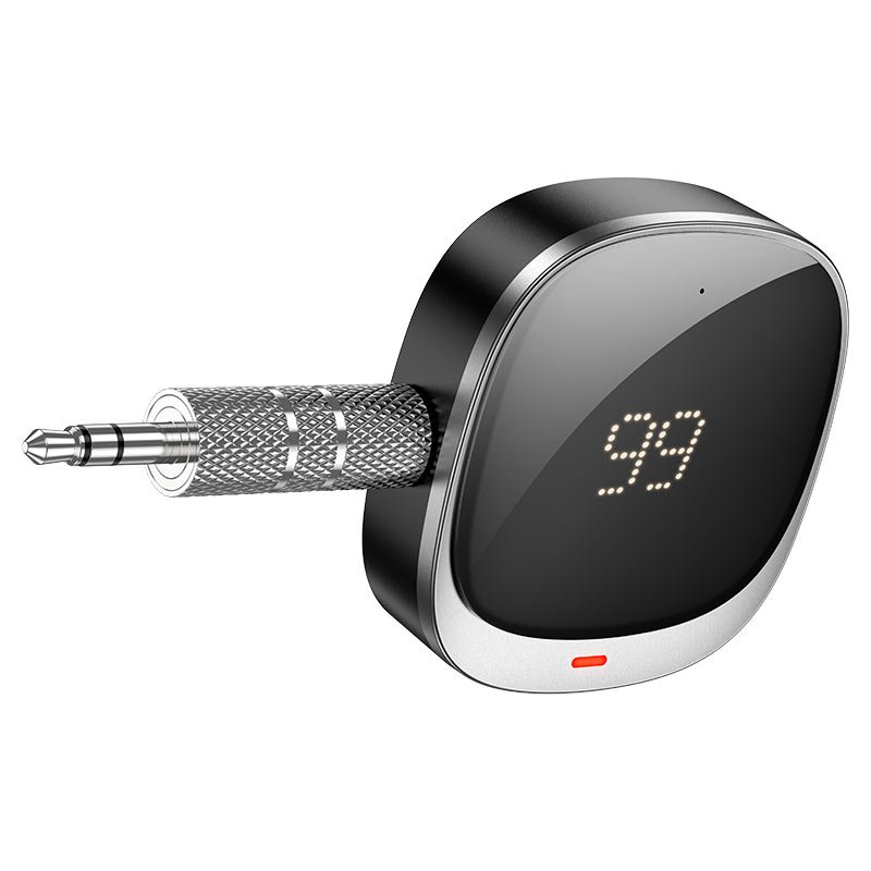 Чёрный Bluetooth AUX адаптер Hoco E80 Travel с Bluetooth 5.3, съёмным штекером 3,5 мм и дисплеем заряда