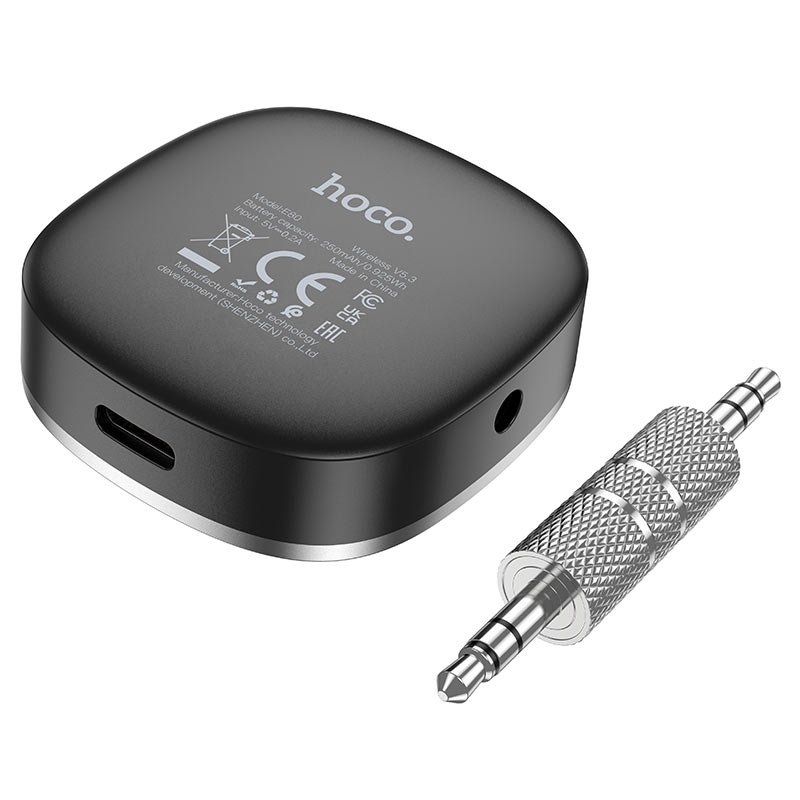Чёрный Bluetooth AUX адаптер Hoco E80 Travel с Bluetooth 5.3, съёмным штекером 3,5 мм и дисплеем заряда