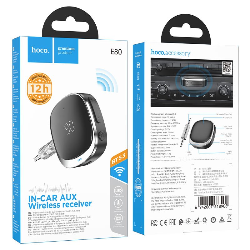 Чёрный Bluetooth AUX адаптер Hoco E80 Travel с Bluetooth 5.3, съёмным штекером 3,5 мм и дисплеем заряда