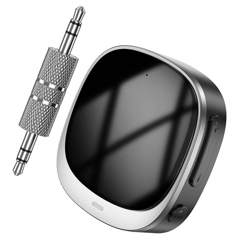 Чёрный Bluetooth AUX адаптер Hoco E80 Travel с Bluetooth 5.3, съёмным штекером 3,5 мм и дисплеем заряда