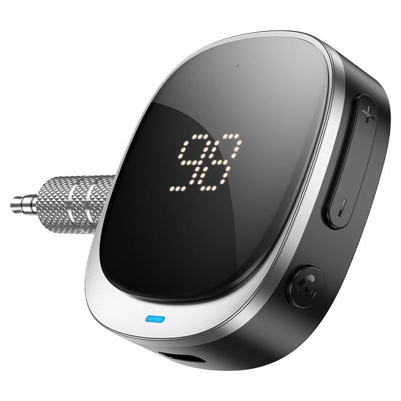 Чёрный Bluetooth AUX адаптер Hoco E80 Travel с Bluetooth 5.3, съёмным штекером 3,5 мм и дисплеем заряда
