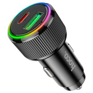 Чёрная автомобильная зарядка Hoco NZ14A Guerrero 38W с портами USB-C и USB-A и трёхцветной LED-подсветкой