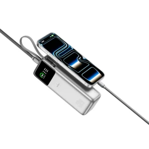 Серебристый повербанк WiWU Power Mega PM201 27000mAh 240W со встроенным кабелем USB-C и цветным TFT-дисплеем
