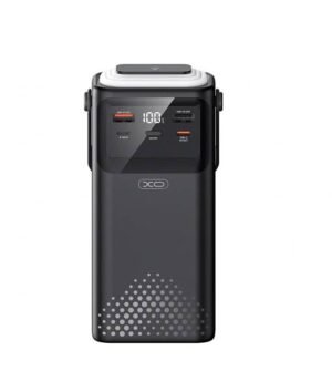 Чёрный повербанк XO PR285 30000mAh 22.5W с четырьмя встроенными кабелями, LED-дисплеем и фонариком